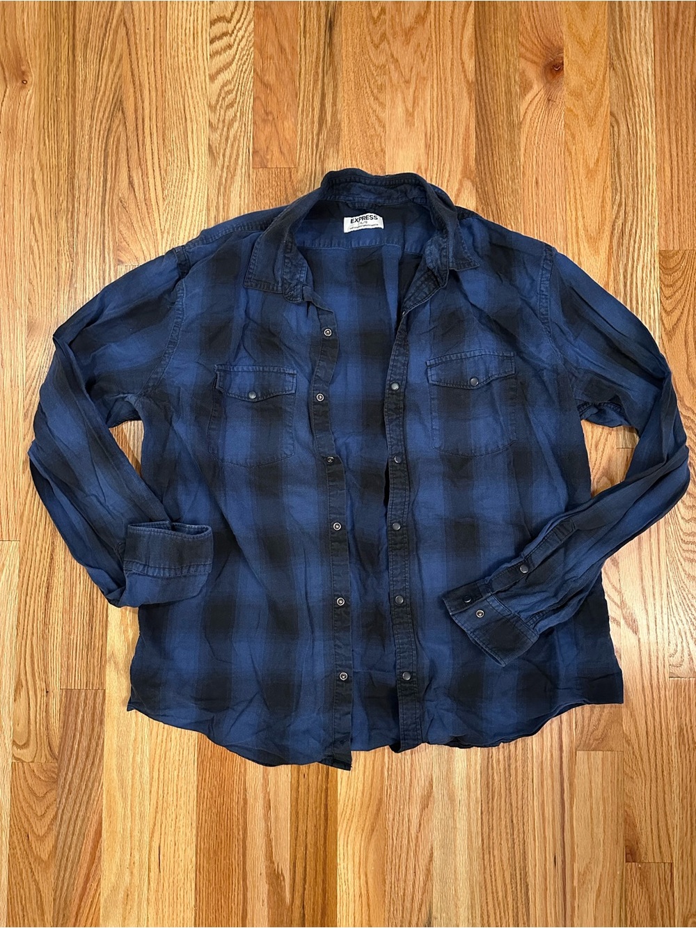 Express Men's Blue Plaid Snap Button-Up Shirt, Size XL